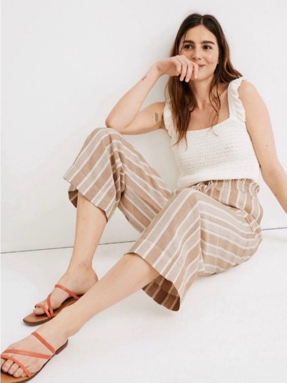 Madewell Linen Blend Huston Pull On Crop Pants High Rise Wide Leg Size XS Beach